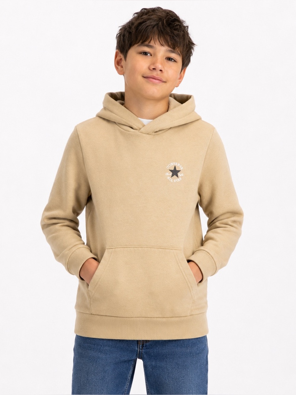 CONVERSE Kids Beige Fleece Lined Hoodie Logo Sweatshirt Size S 8-10